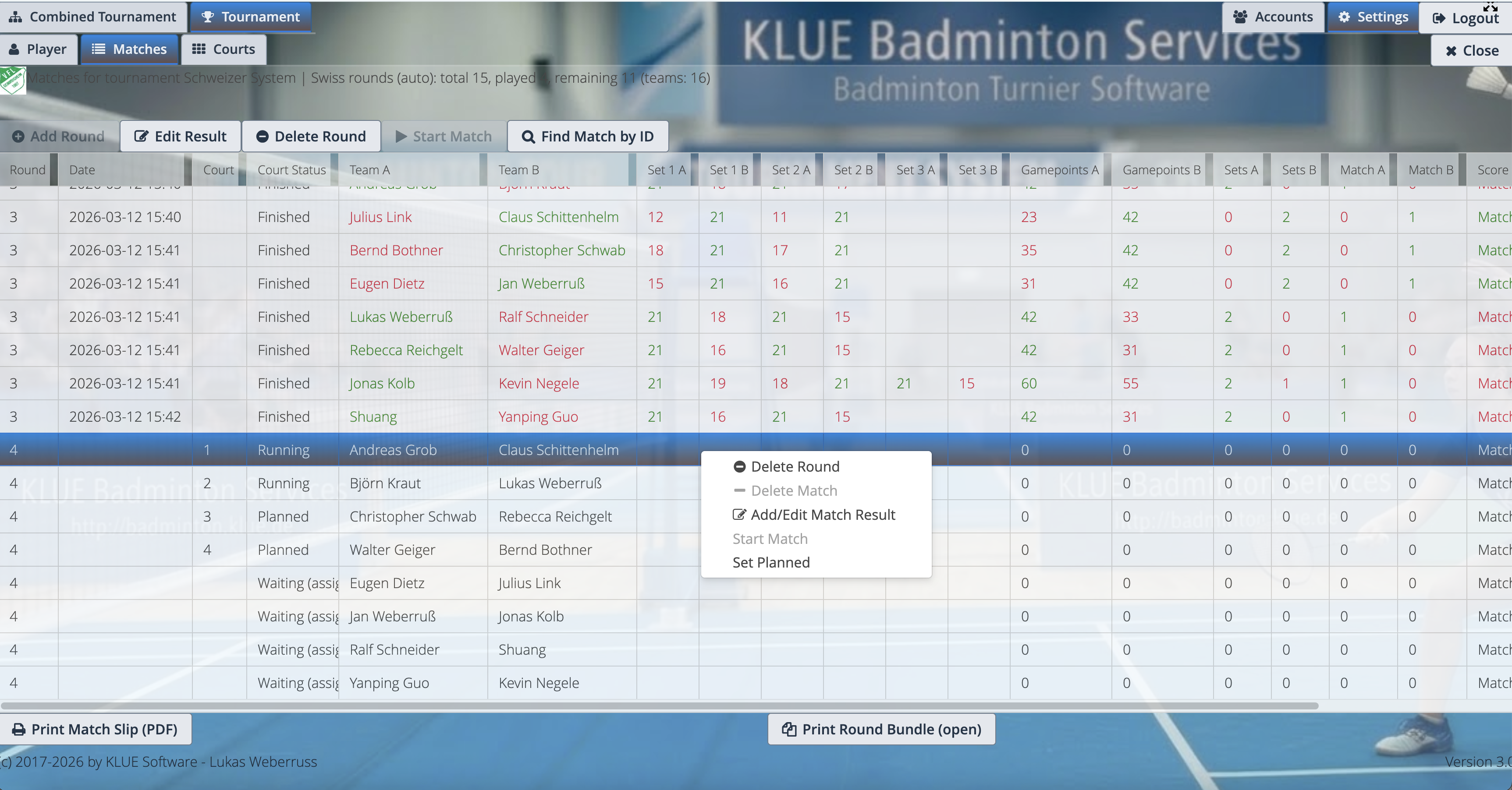 Startseite Screenshot: Match-Ansicht im Turnier